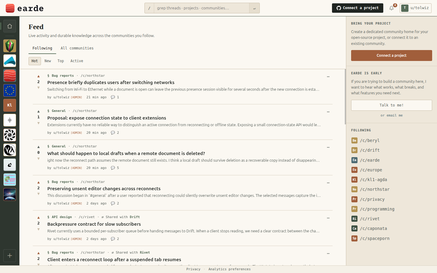 The Earde feed: live activity and durable knowledge across the communities you follow.