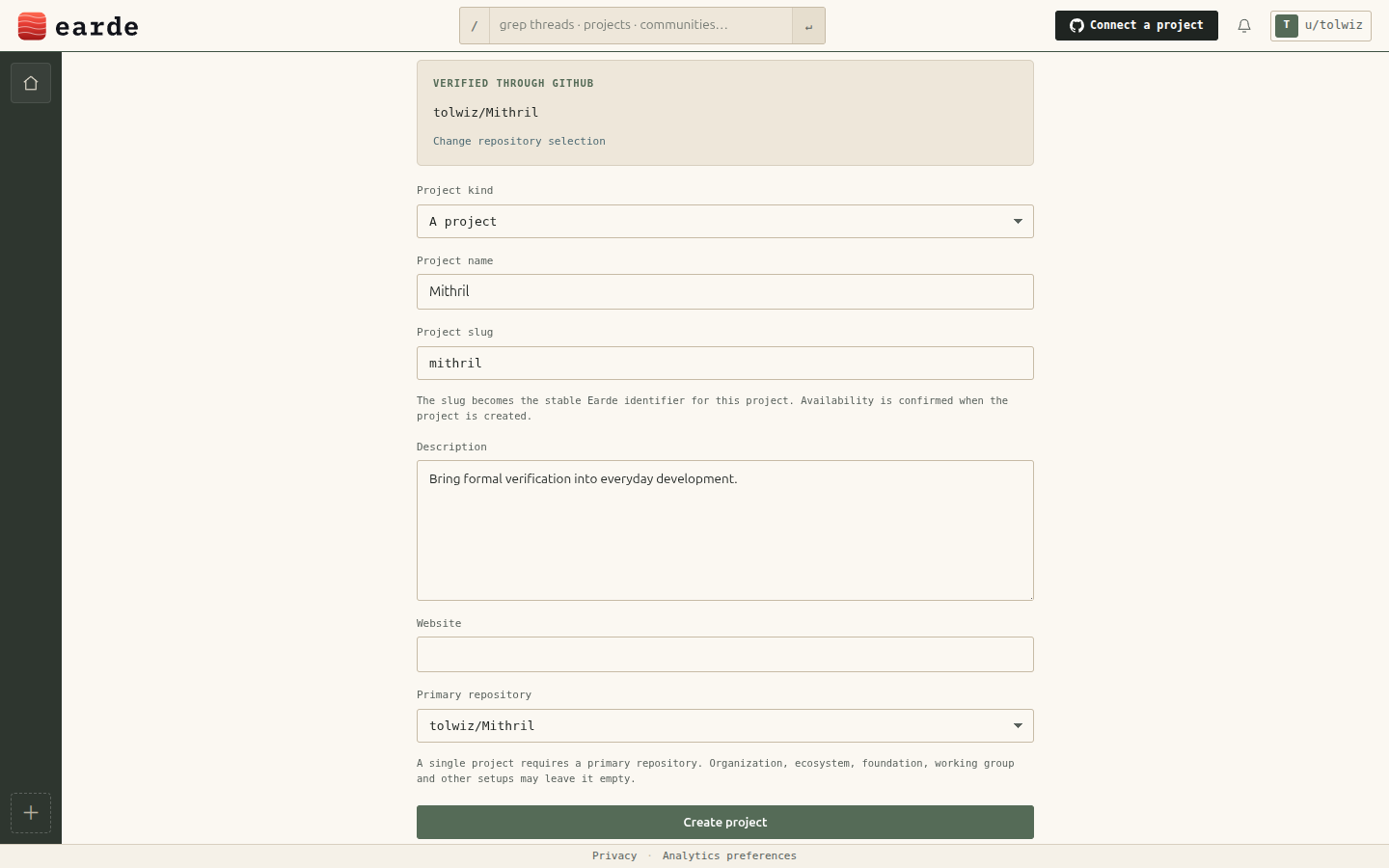 tolwiz/Mithril verified through GitHub, with the project details that decide how it belongs on Earde.