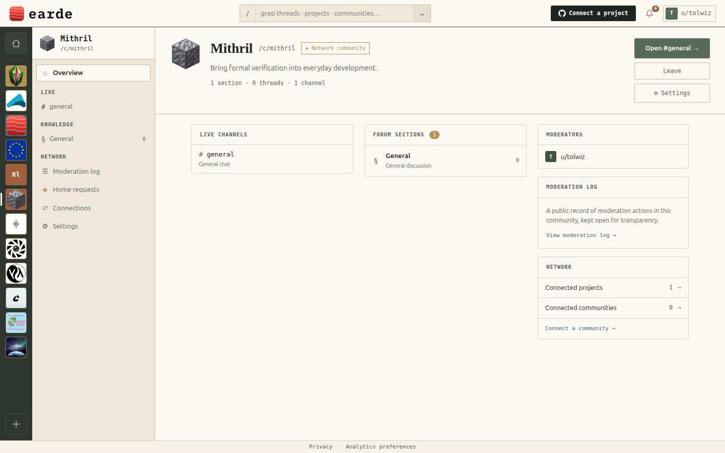 The freshly created Mithril community home: one section, no threads yet, one live channel, and its network panel.