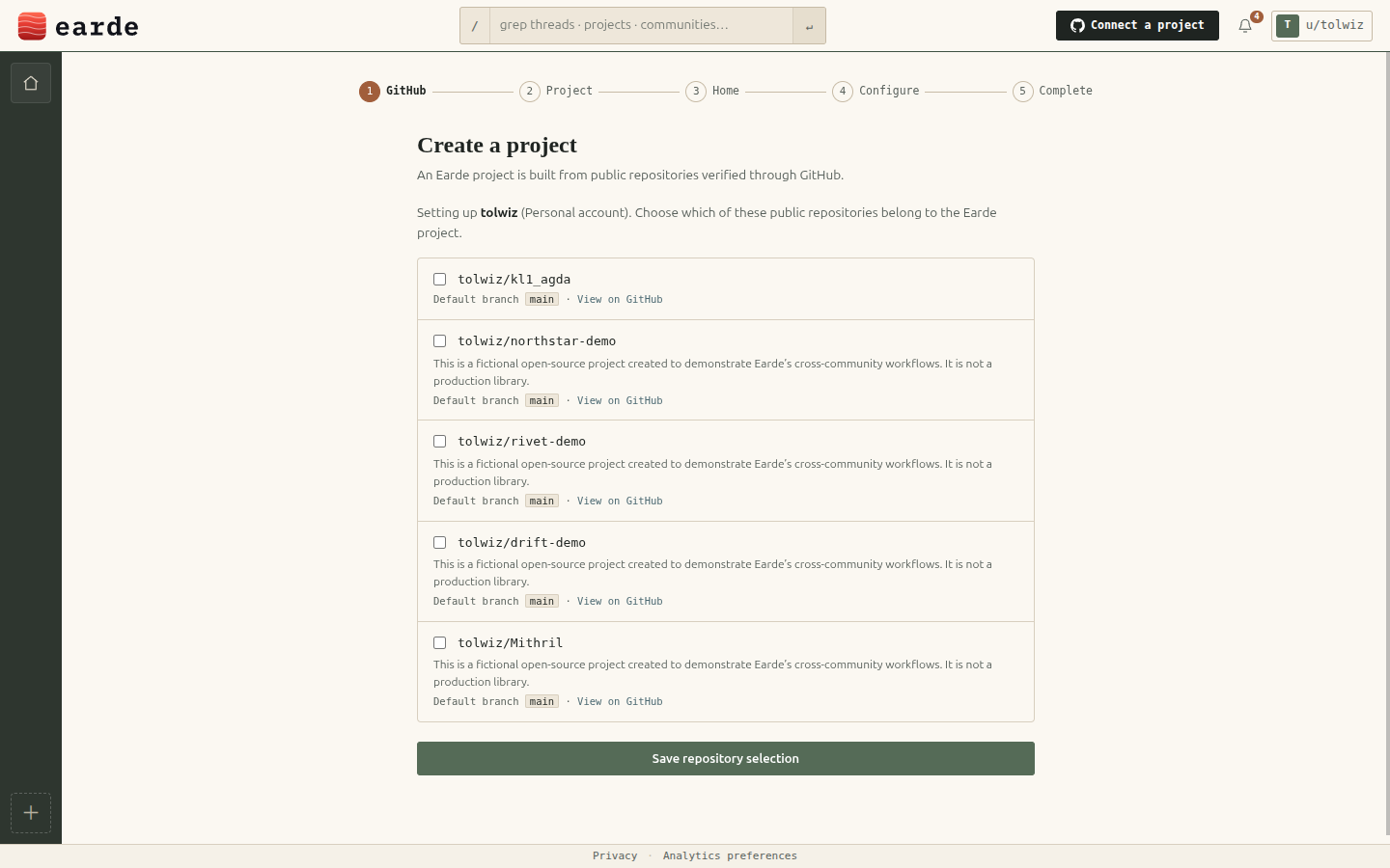 Choosing which public repositories verified through GitHub belong to the Earde project, including tolwiz/Mithril.