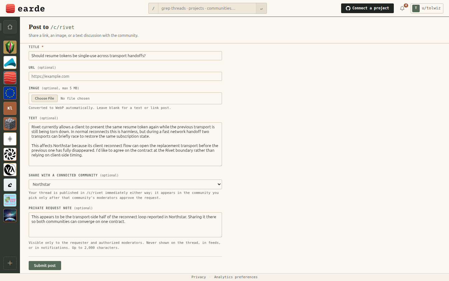 The New thread composer in Rivet, with the Share with a connected community field set to Northstar and a private request note.