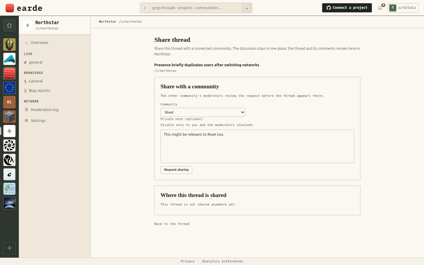 The Share thread page in Northstar: pick Rivet as the connected community and add a private note for its moderators.