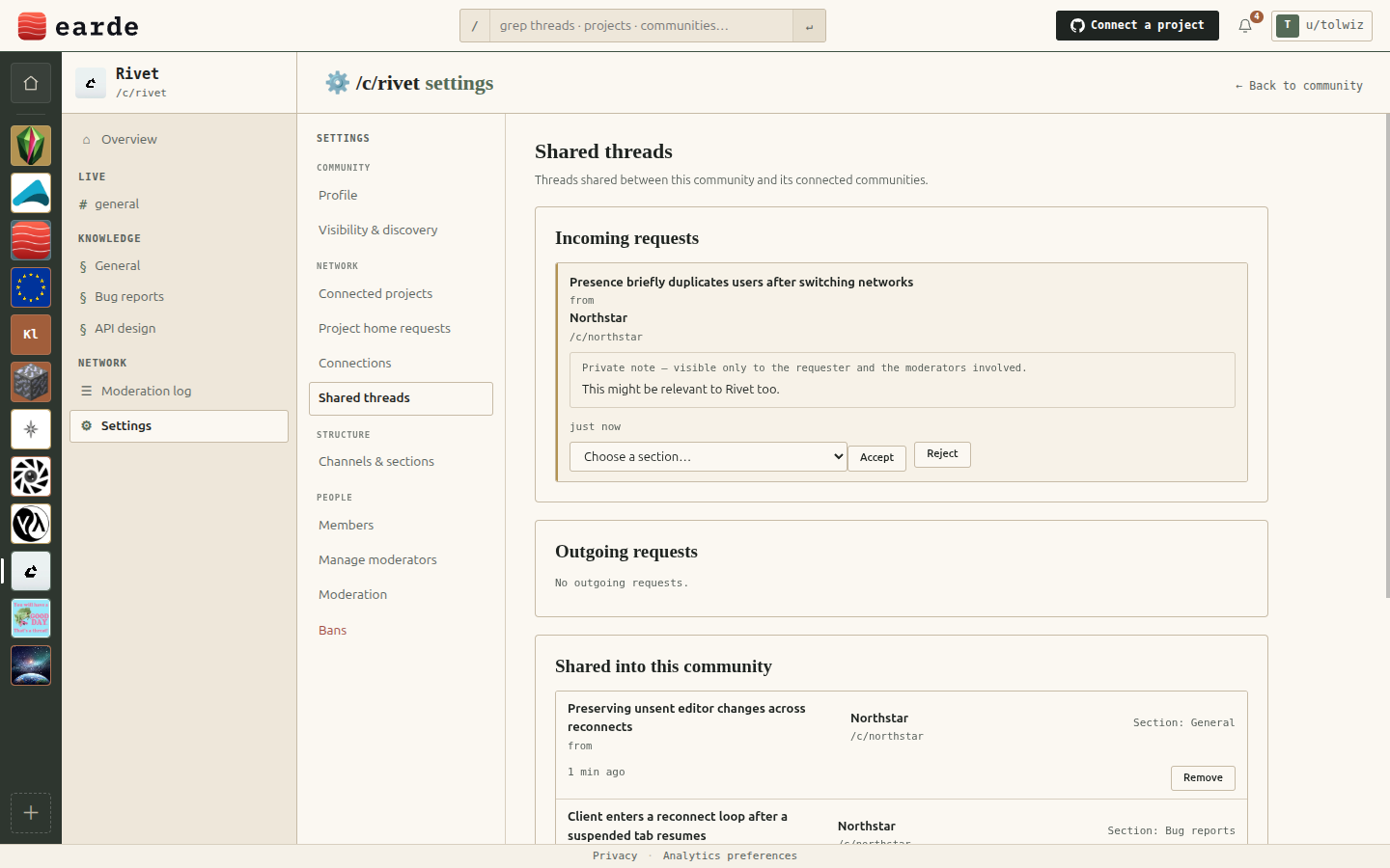 Rivet's Shared threads settings, where its own moderators accept or reject the incoming request from Northstar and choose the destination section.