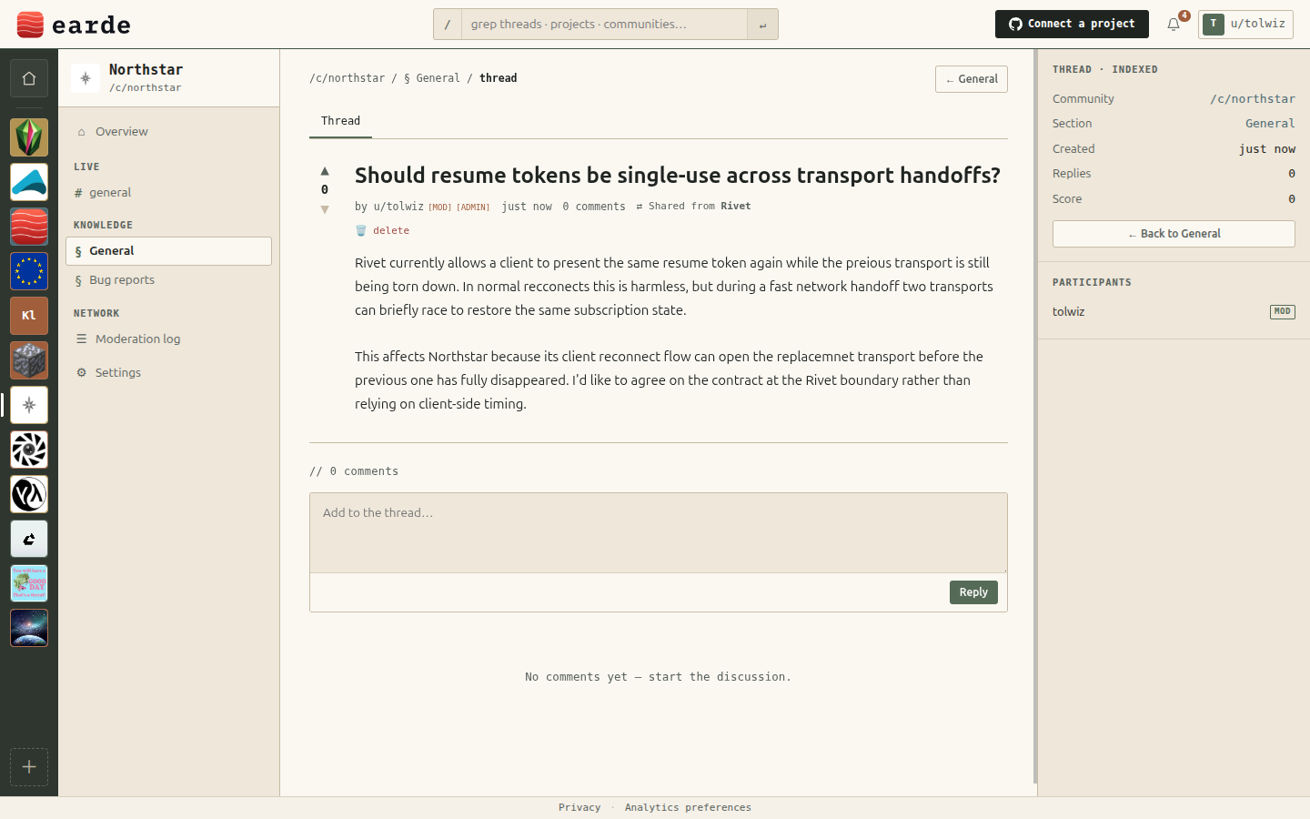 The same thread, Should resume tokens be single-use across transport handoffs?, open in Northstar and marked shared from Rivet.